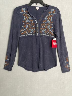 Reba Sedona Jersey Knit Top Embroidered Henley Women's XS NEW